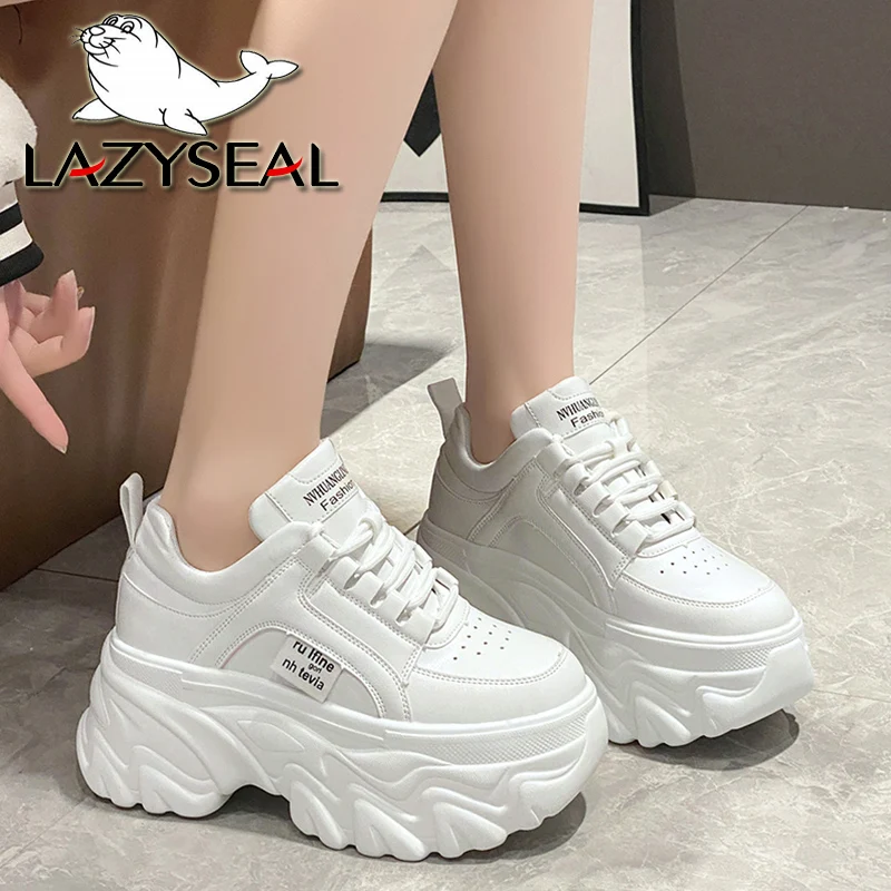 Kobiety 8cm Chunky Heel platforma buty na koturnie zasznurować klasyczne damskie Sneaker Solid Color białe buty na co dzień oddychające buty