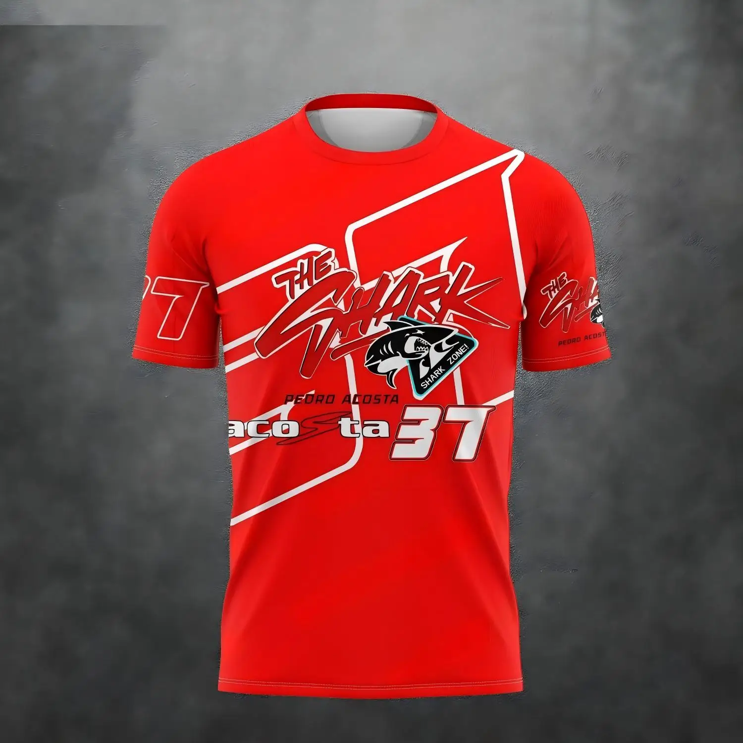 Lässiges Kurzarm-T-Shirt für Herren und Damen mit 3D-Druck im Carreras Shark Design Pilot Pedro Acosta Nr. 37 T-Shirt – Detail 8