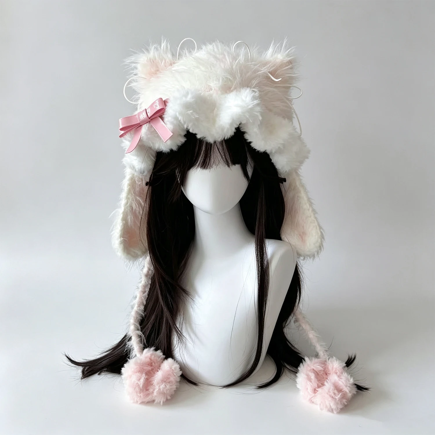 Custom Hand‑Crocheted Kawaii White Bunny Rabbit Ears Hat Plush Bow Ruffled Knitted Beanie Lolita Sweet Fairy Winter Headwarmer