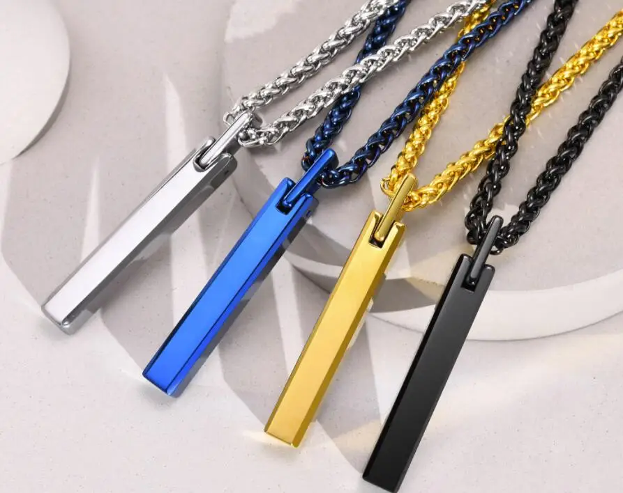 Cool  Tungsten Steel Necklace Plain Long Bar Strip Pendant Chain Smooth Charm 3mm 24inch Choose Four Color Perfect Gift for Male