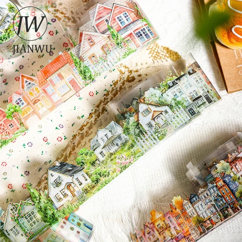 JIANWU 45mm*200cm Dream Town Series Vintage Building Material Collage Landscaping PET Tape Creative DIY Journal Stationery