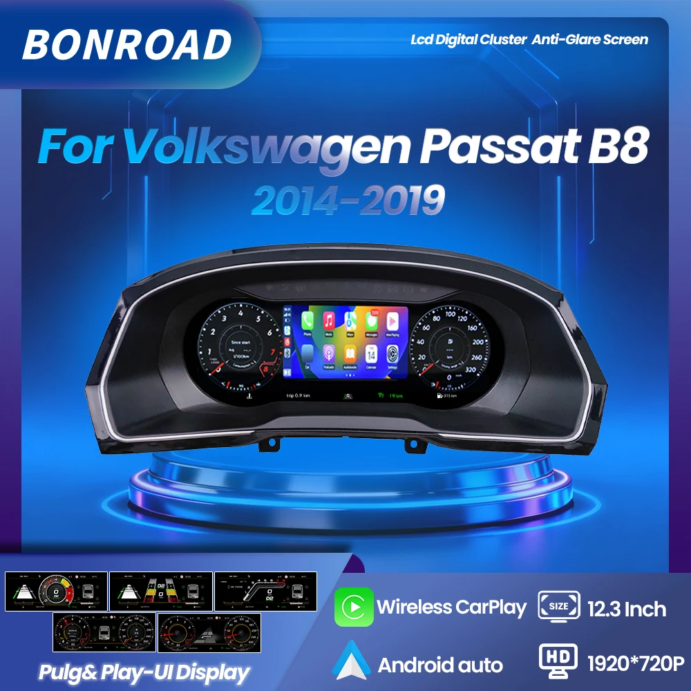 BONROAD Linux 12.3 1920*720P Écran LCD numérique CarPlay Android Auto Tableau de bord Radio Panneau d'instrumentation pour Volkswagen Passat B8 2014-2019 Arteon CC 2018-2019 Variant 2016-2019 Compteur de vitesse Cockpit pour navigation GPS