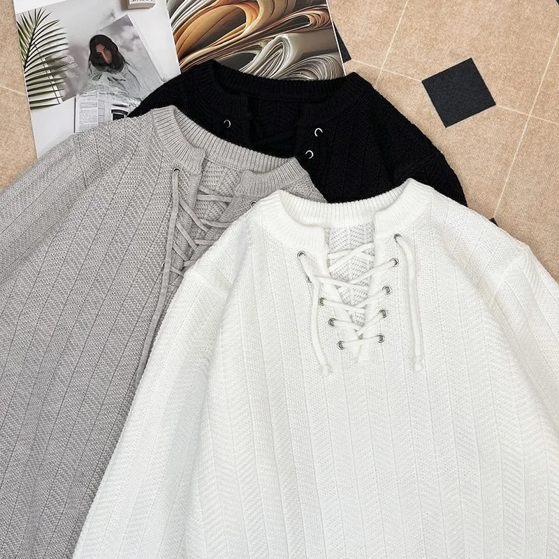 

Trendy Long Sve Knitted Sweater Men's Base Layer irt V-Ne Rope Tied Pure Color Fine Needle Winter Faion Casual Wear