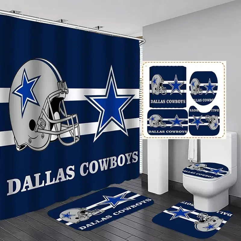 4PCS Sports Shower Curtain Set American Football Grey Helmet Texas Star Quotes Modern Touchdown Man Cave Bathroom Decor Mats