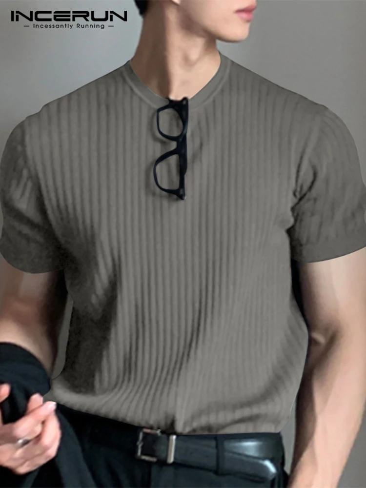 INCERUN Fashion Casual Style New Men O-Neck Design Niche Camiseta Stylish Striped Solid Comfortable Short-sleeved T-shirts S-5XL