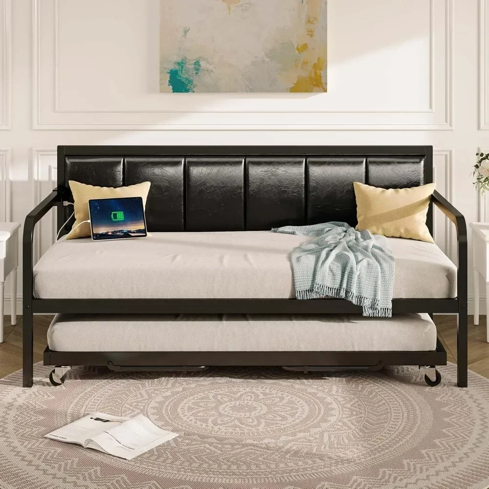 Daybed with USB Charging Station and LED Height Adjustable Twin Daybed with Trundle Upholstered Bed Frame