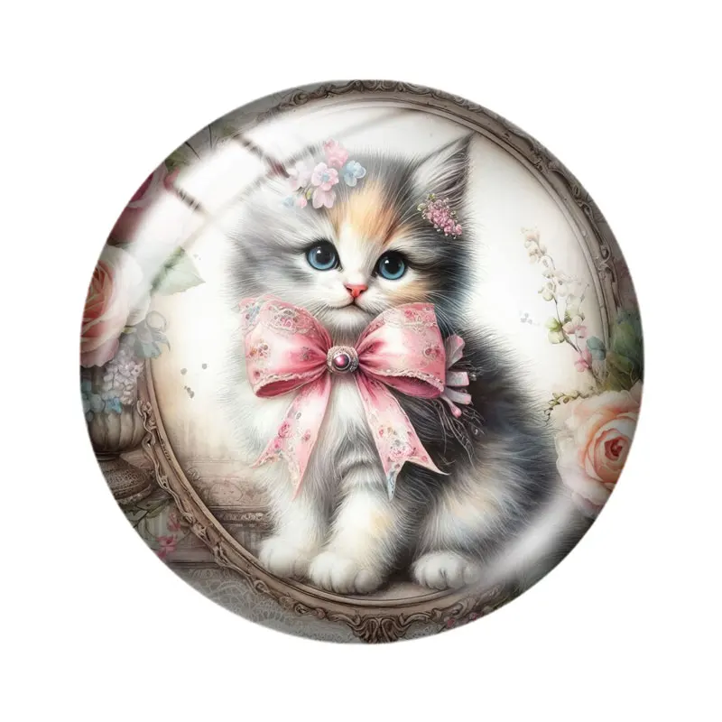 Kitten with Pink Bow  12/18/20/25mm glass cabochon  bracelet pendant rings for jewelry demo earrings back Making findings