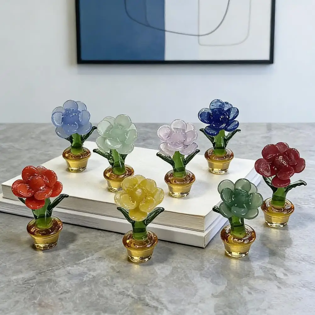 Handmade Glass Flower Mini Glass Flower Mini Glass Rose Flower with Pot Colorful Hand Blown Figurine Collectible Faux for Table