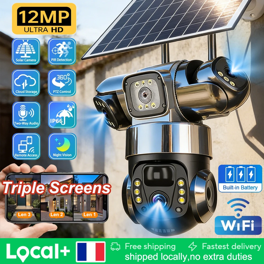V380 Pro WiFi IP-Kamera für den Außenbereich, Dreifach-Objektiv, Drei Bildschirme, PTZ-Kamera, PIR-Menschenerkennung, Drahtlose Videoüberwachung, Intelligente Nachtsicht, Eingebauter Akku