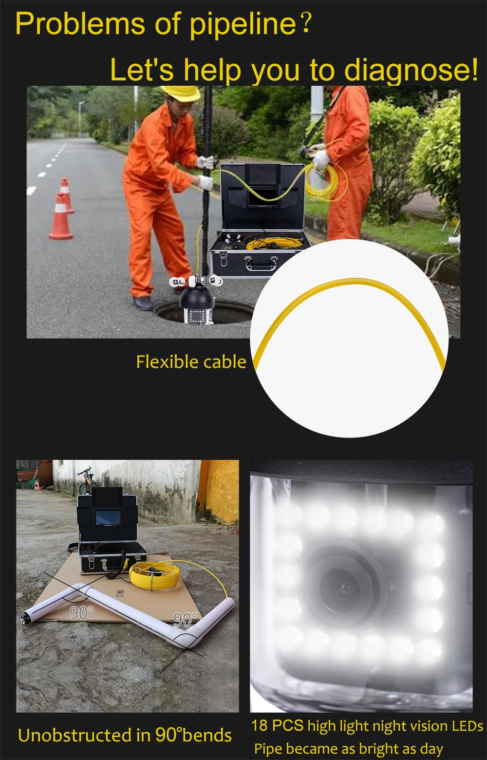 9"Screen Drain Pipeline Industrial Endoscope 360 Degree Rotation Waterproof IP69 Sewer Inspection Pipe 120M/30M/50M/100M