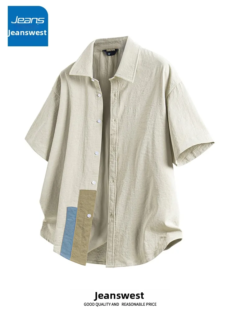 Jeanswest Men's Short Sleeve Shirt Summer Casual Loose Fit Collared Trendy Color Block Sporty Lightweight Outerwear
