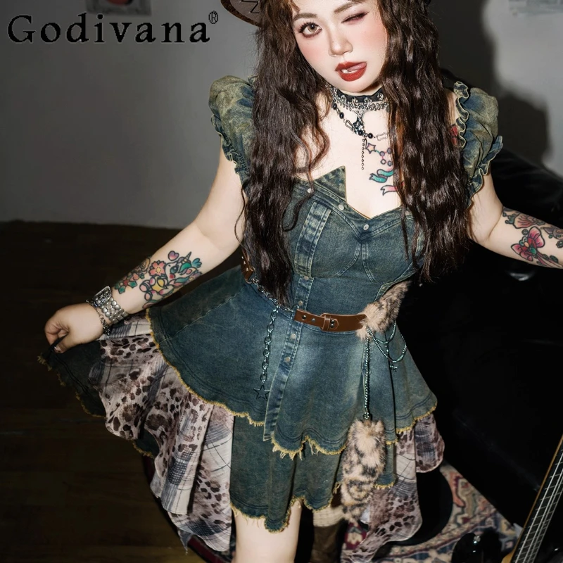 

Large Size Blue Sweet Cool Sexy Leisure Denim Dresses Summer Slim Square Neck Short Sleeve High Waist A-line Irregular Dress