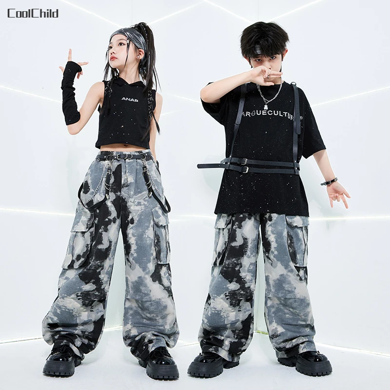 Girls Hip Hop Cool Crop Hoodies Tie Dyed Cargo Pants Boys Street Dance T-shirt Kids Streetwear Teens Costumes Jazz Clothes Sets