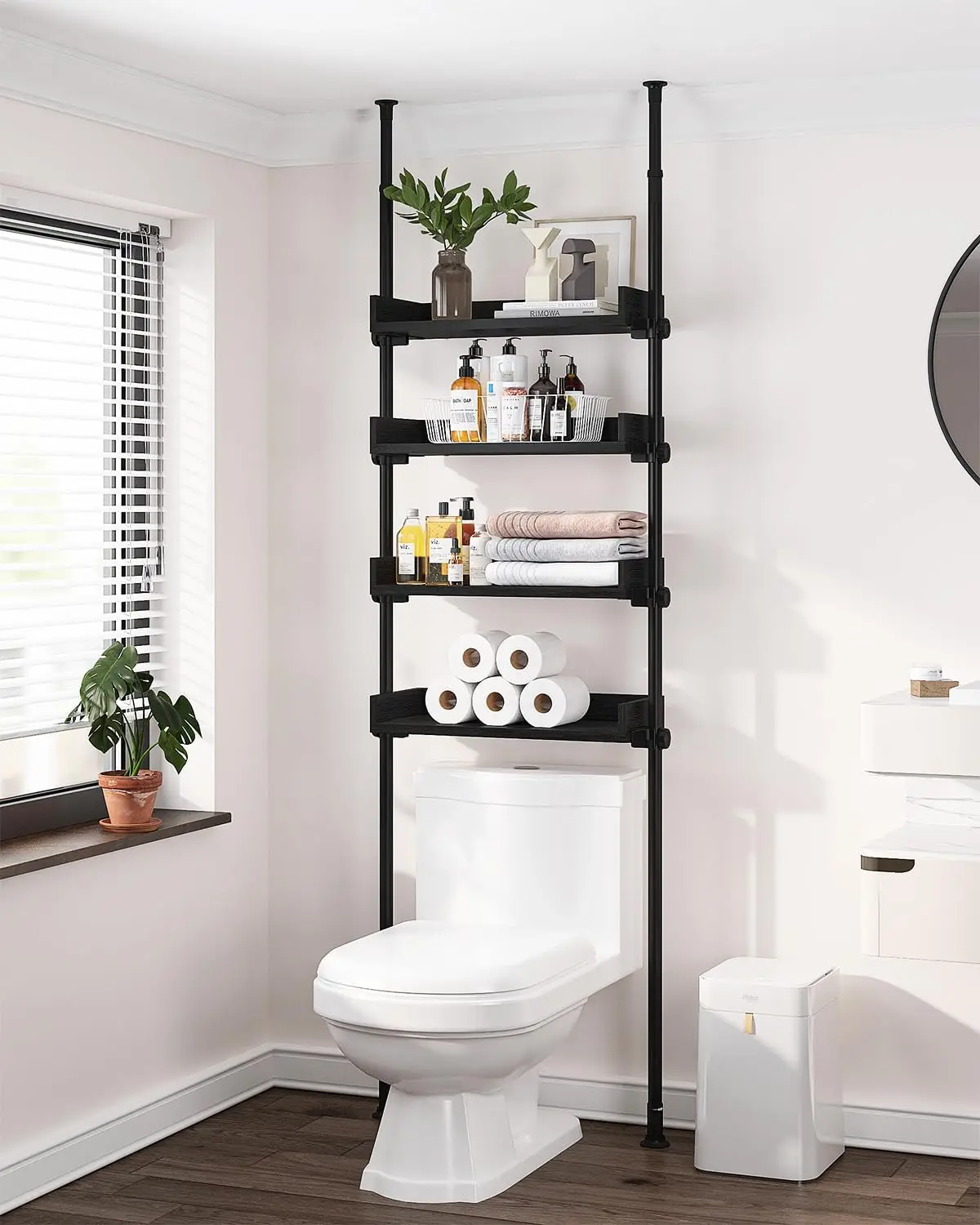 Adjustable Over The Toilet Storage Cabinet,Tension Mount Bathroom Organizers and Storage Over Toilet with 4 Adjustable Shelves