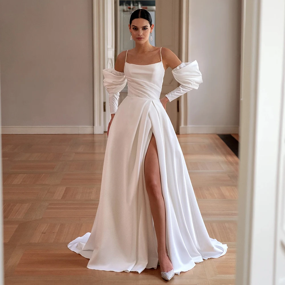 Robe de mariée trapèze en Jersey blanc Simple, avec fente latérale, bretelles Spaghetti personnalisées, manches détachables