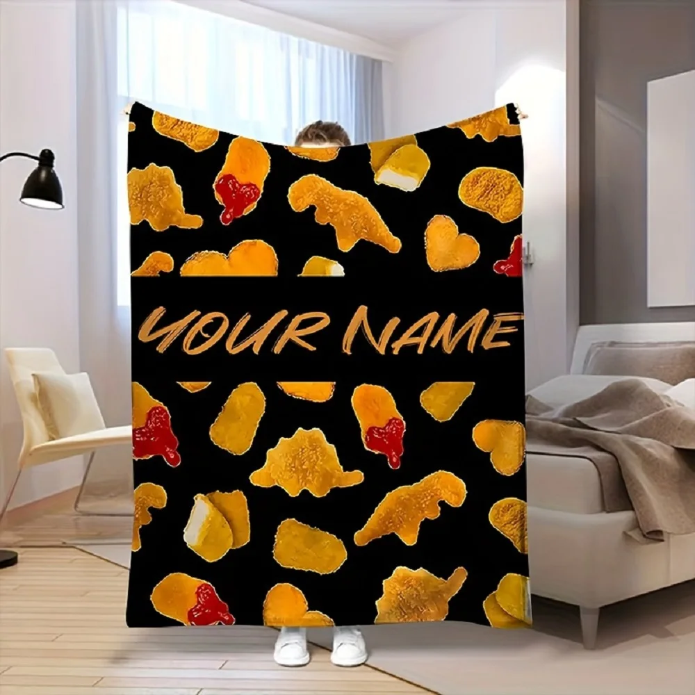 Anpassbare Namens-Dinosaurier- und Hühnernugget-Flanell-Überwurfdecke, personalisierte weiche Geschenkidee für Bett, Sofa, Reisen