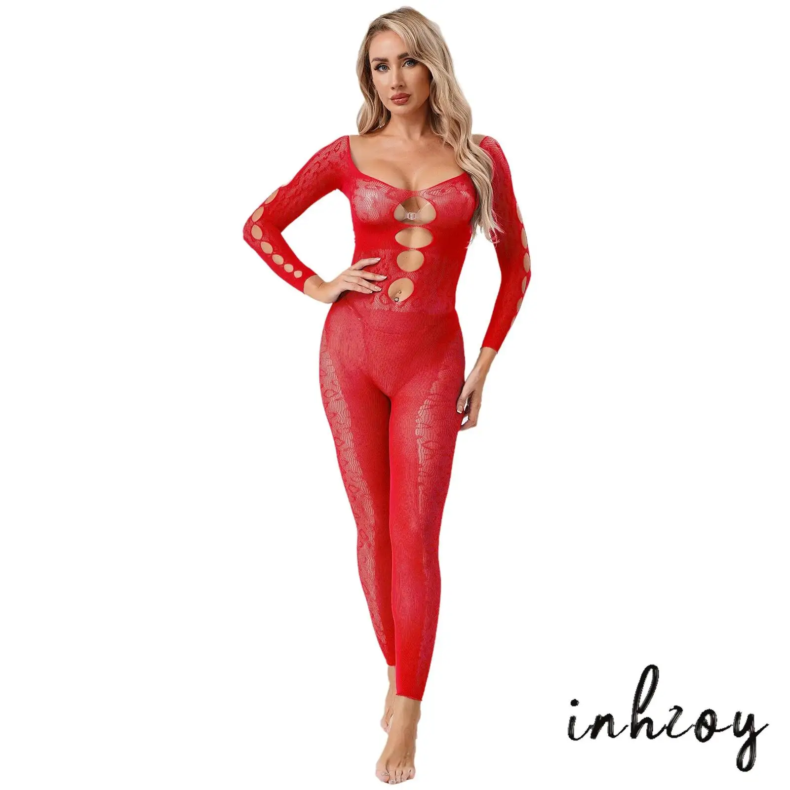 

Sexy Womens See Through Fishnet Bodysuit Jumpsuit Long Sleeve Hollow Out Stretchy Unitard Catsuit Swimwear Cover Up