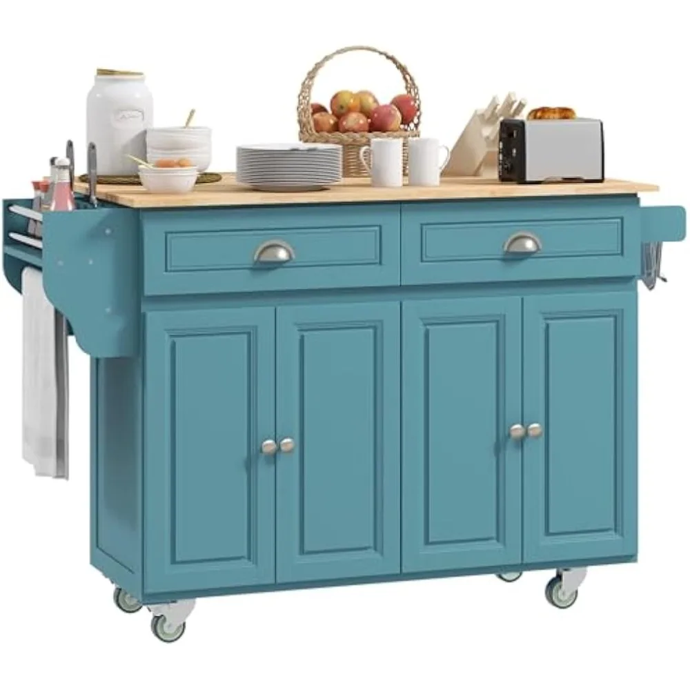 Rolling Kitchen Island Cart with Drop Leaf, Kitchen Cart on Wheels with Rubber Wood Top, 2 Drawers and 2 Storage Cabinets