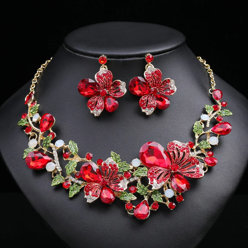 Hot selling luxury retro necklace earring set with colorful flower crystal bride necklace dress accessories collarbone chain