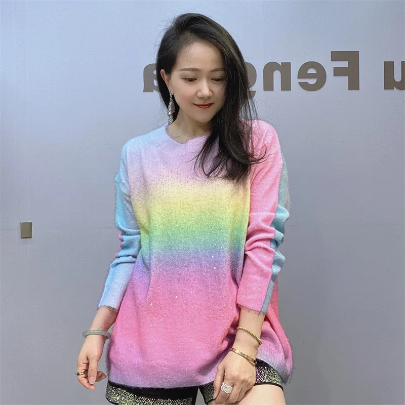 

Women Diamond T-shirt Knitwear Pullover Top Female Long Sleeved Round Neck Rainbow Sweater Hot Diamond Knit Sweater