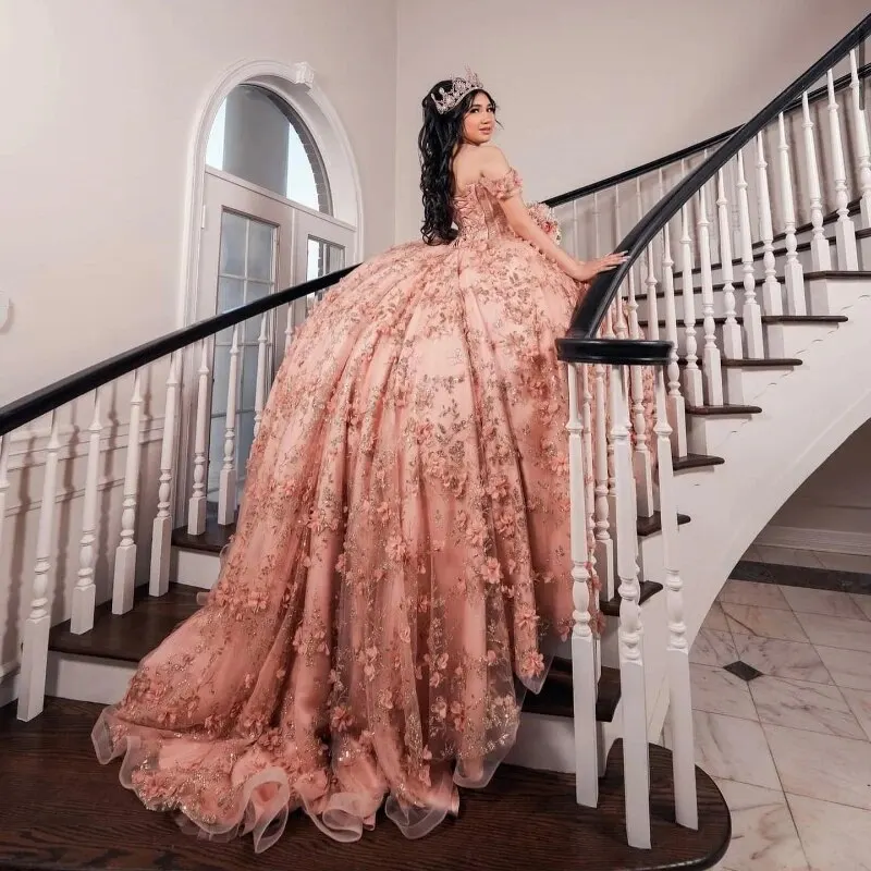 2024 vestidos de quinceañera de princesa rosa brillante apliques de cuentas vestido de fiesta de flores de encaje tul elegante dulce personalizado