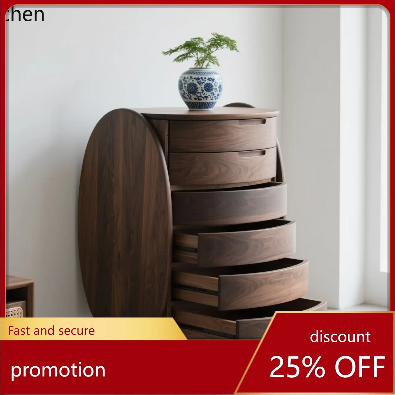 HT Minimalistische Kommode aus massivem Holz, Schubladenschrank, Wohnzimmer, Kunstaufbewahrung, ovaler Schrank