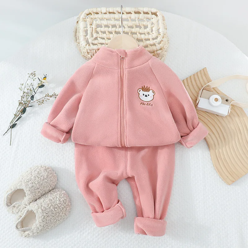 Autumn 2024 Children Boy 2PCS Clothes Set Cotton Bear Printed Zipper Coat Loose Velvet Soft Elastic Waist Pant Baby Girl Outfits