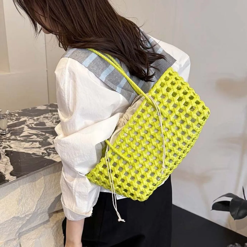 

Lightweight Woven Basket Bag Large Capacity Breathable Hollow Out Tote Inner Pouch Durable Weave Handmade Handbag Daily Commute
