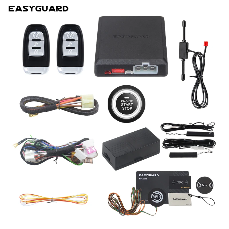 

Автосигнализация EASYGUARD с дистанционным запуском, пассивным бесключевым доступом, кнопкой запуска, NFC-блокировкой/разблокировкой и опциональным GPS-трекингом 4G LTE.