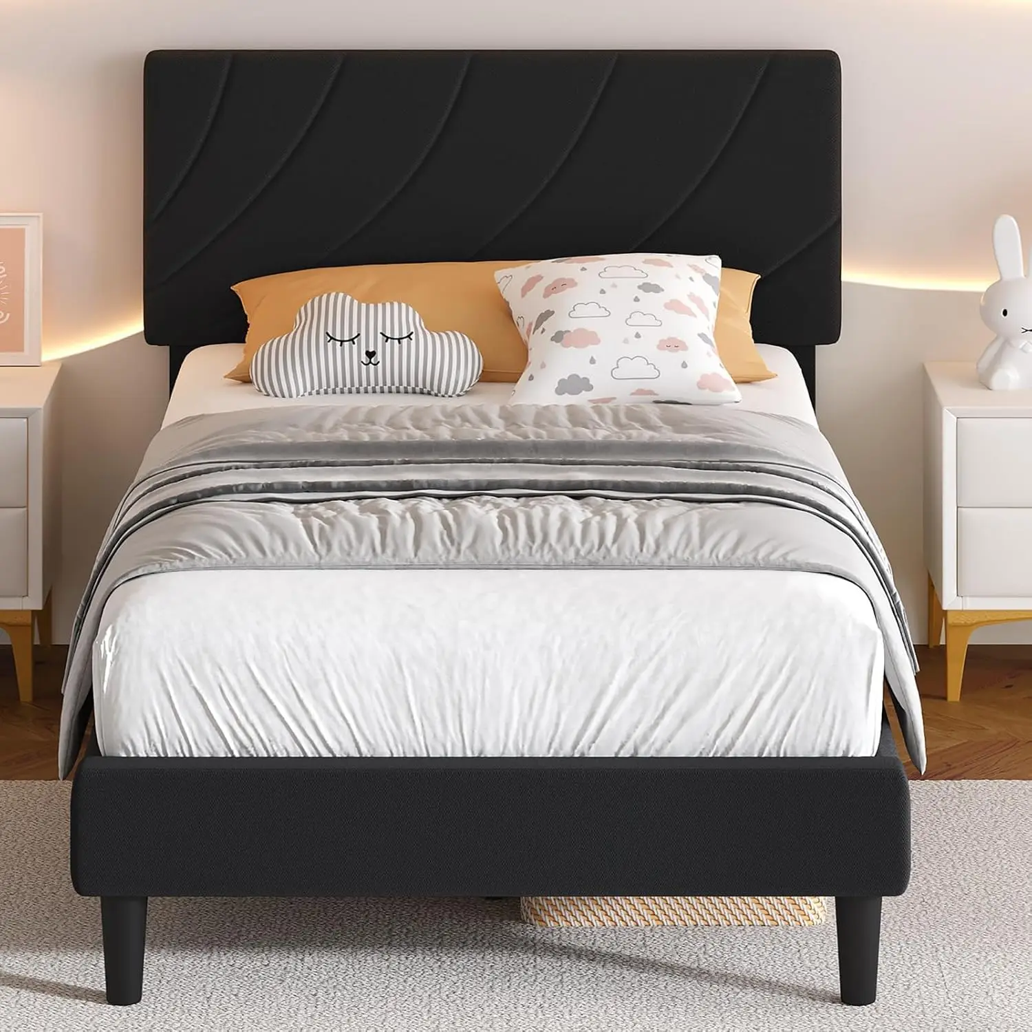 

Каркас двуспальной кровати, Каркас двуспальной кровати с обивкой из льняной ткани и опорой с деревянными рейками, регулируемое изголовье, без бо