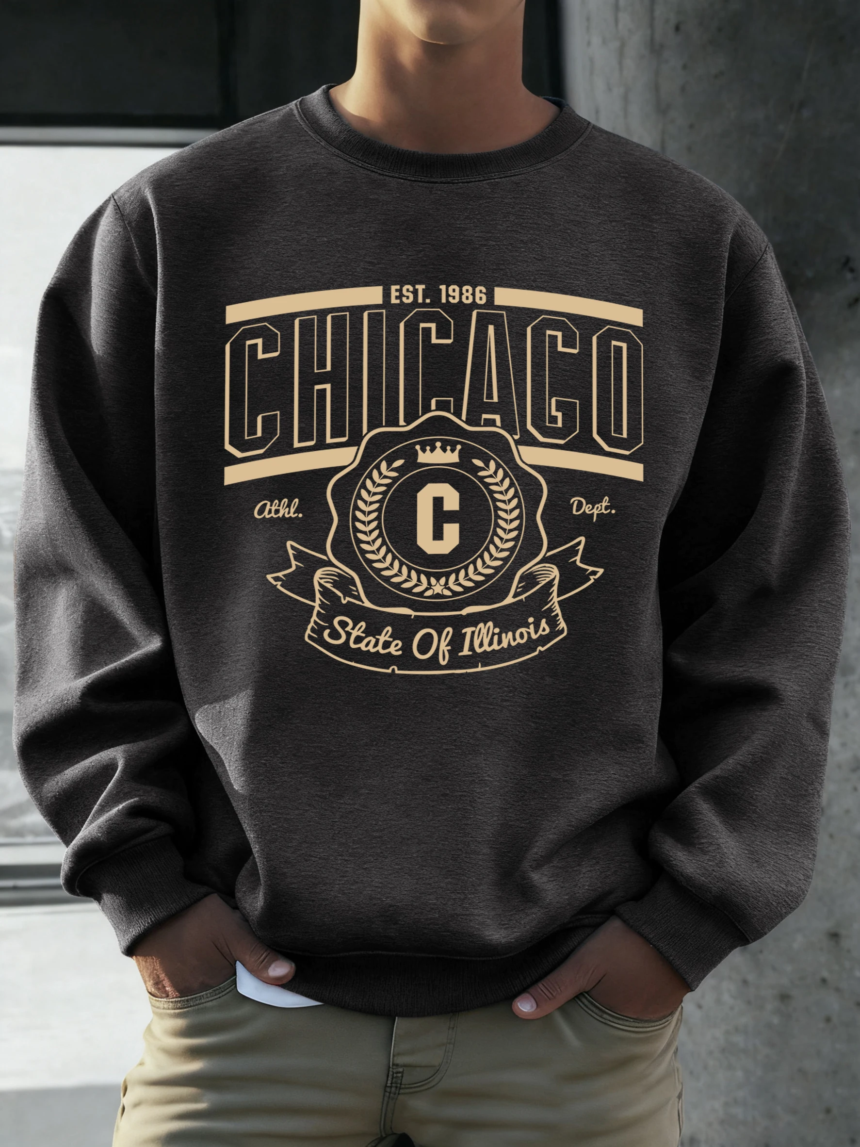 Chicago State Of Illinois Est 1986 Bedrucktes Herren-Sweatshirt, Harajuku-Fleece-Pullover, Retro, lässig, langärmelig, lockere Basic-Kleidung
