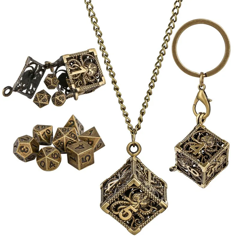 7-piece mini metal polyhedral dice pendant necklace chain keychain hollow D6 octopus storage box DND board game