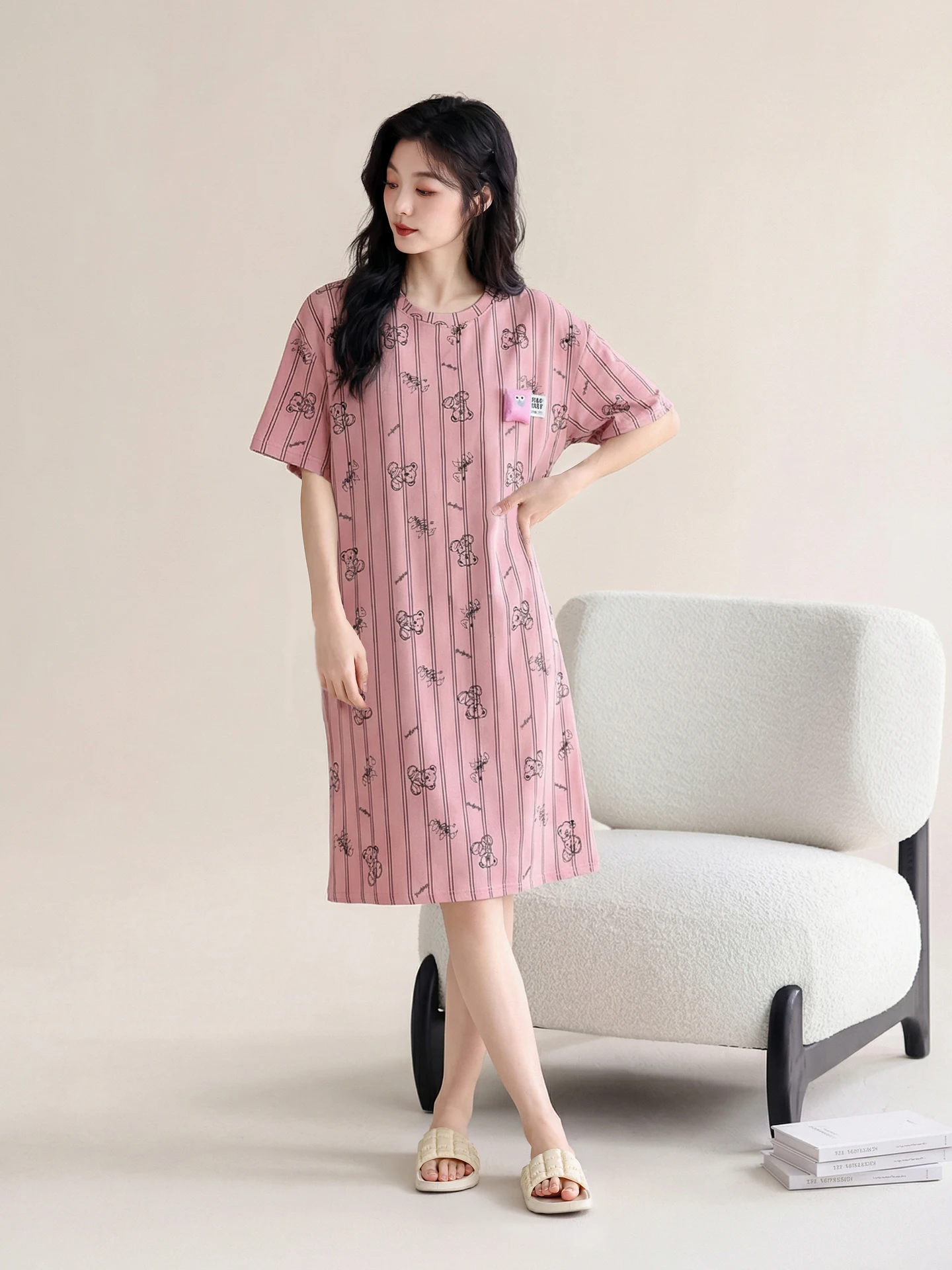 Doral Vestido de dormir de algodón de verano para mujer, manga corta, ropa de casa, ropa de dormir, ropa exterior, estampado de dibujos animados, pijama cómodo D...
