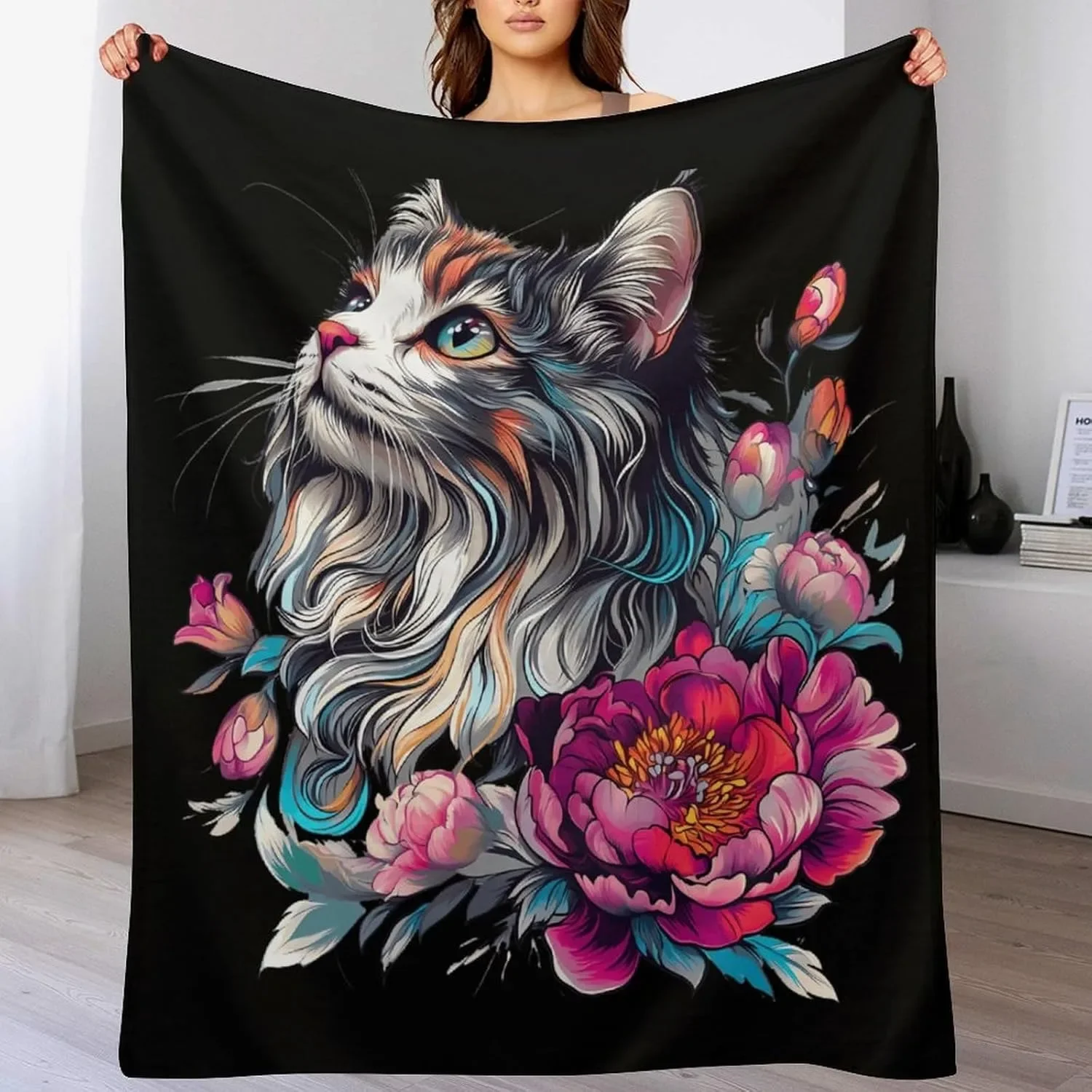 

Boho Cat Flower Throw Blanket Perfect for Couch Bed Car All Season Use Gift for Flower Leaf Lovers