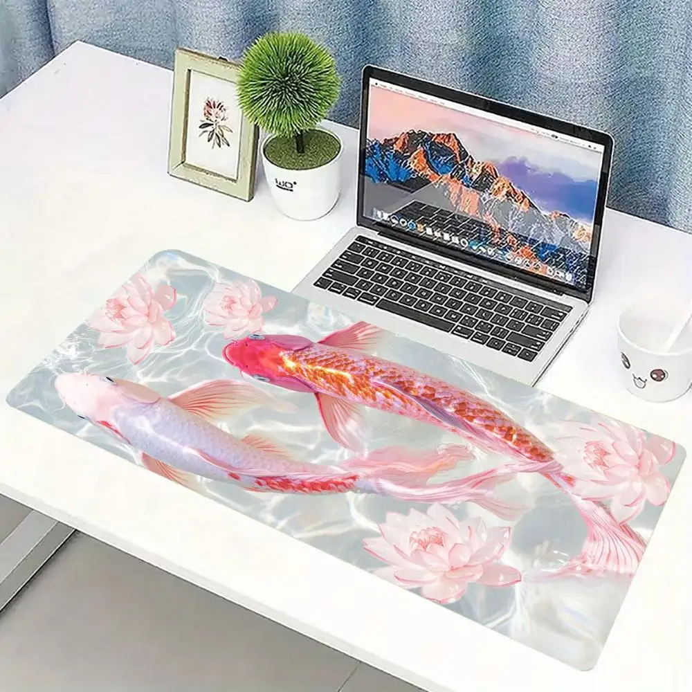 Koi Fish Sakura Large Extended Gaming Mouse Pad Non Slip Desk Surface Oriental Art Print For Gaming And Office Workspace