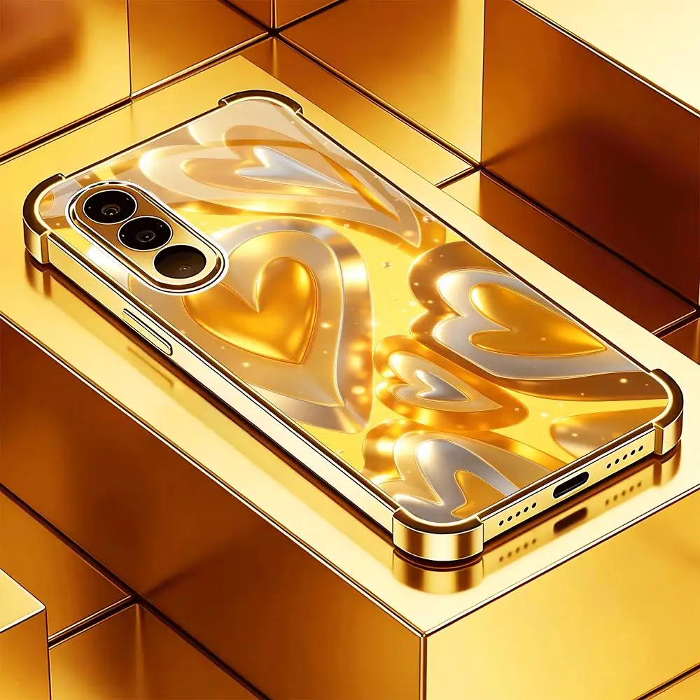 Golden yellow heart shape Fashion Exquisite glass phone case for Samsung Galaxy S26 S25 S24 S23 S22 FE,Ultra,Plus Dropresistant