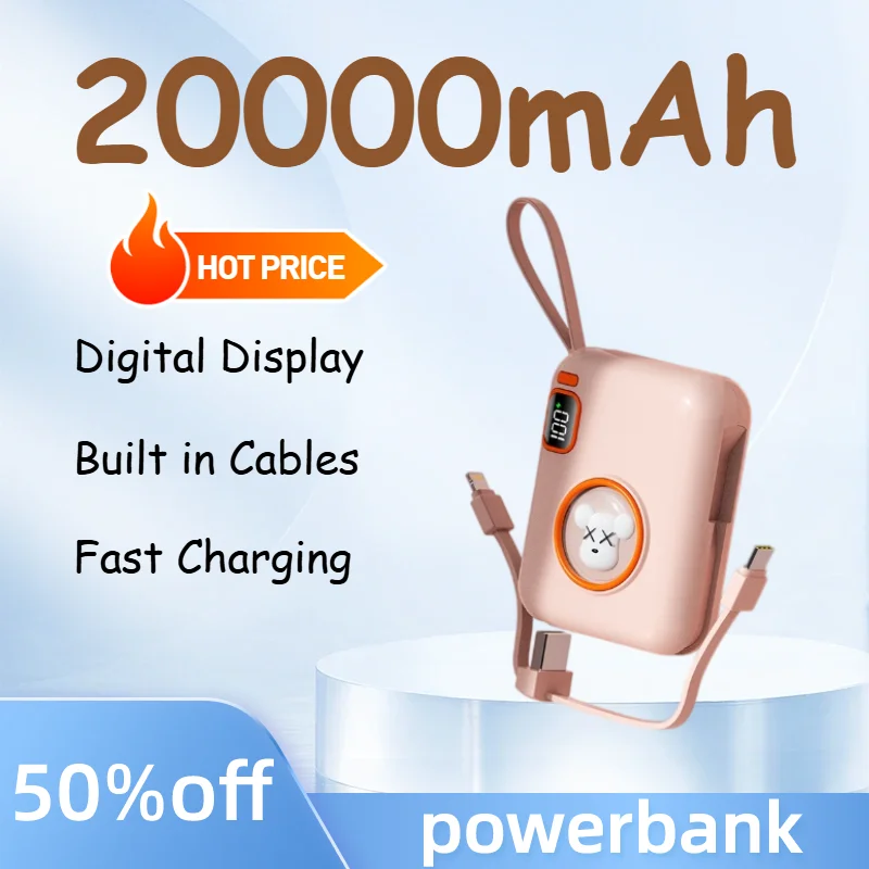 Mini PowerBank 20000mAh 10000mAh Portable Charge Fast Charging Built in Cables Power Bank External Battery for iPhone Samsung