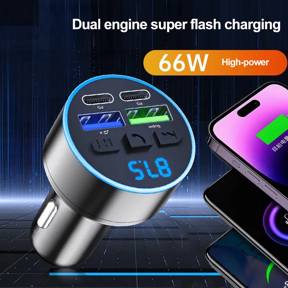 4-in-1 Bluetooth Car Kit Dual USB PD Car Charger Fast Charging MP3 Player with Voltage Display Atmosphere Lamp Adapters 12V-24V
