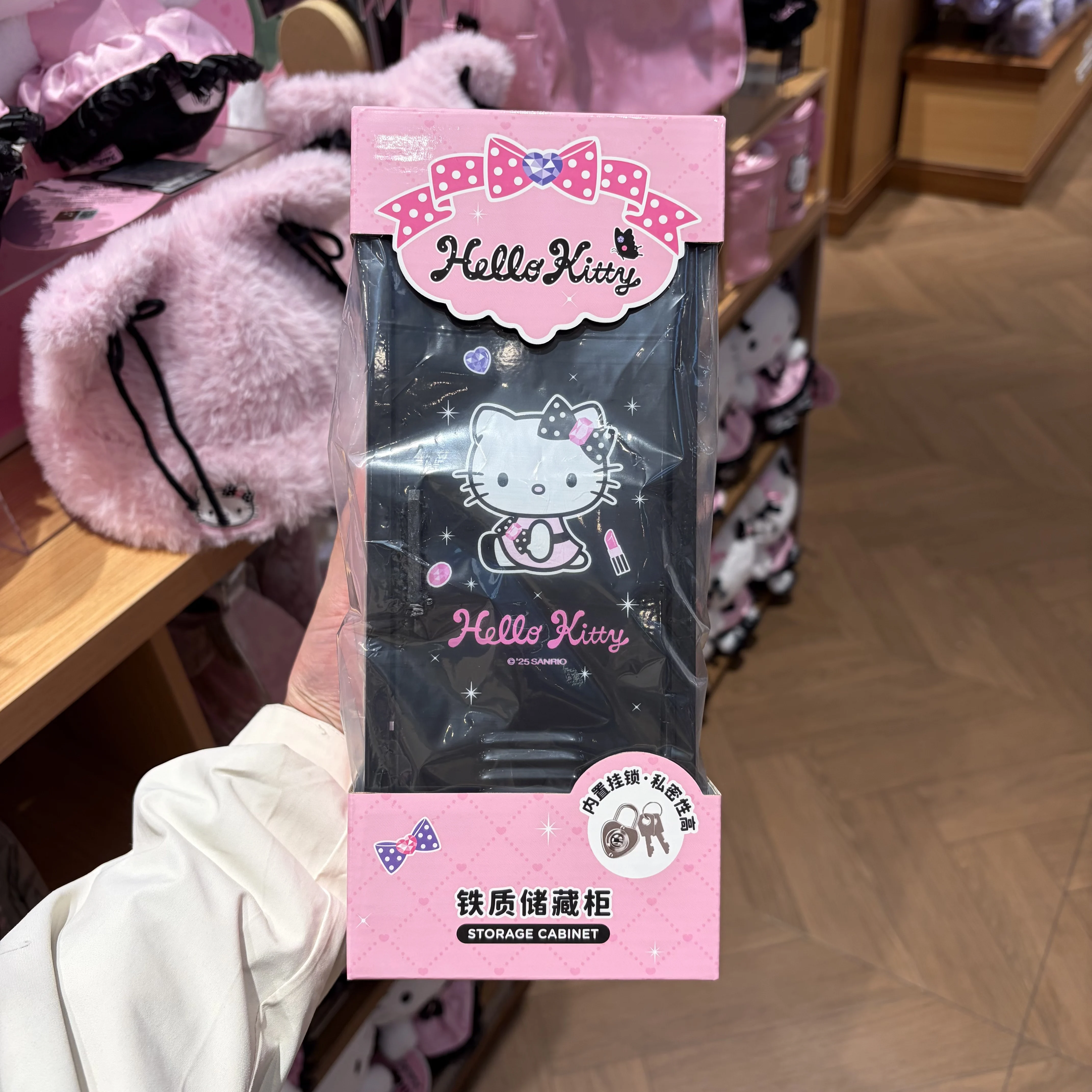 Hello Kitty Sparkling Party Desktop Caixa de armazenamento de metalPequeno armário organizador brilhante para joias de maquiagem, decoração fofa de escritório para casa