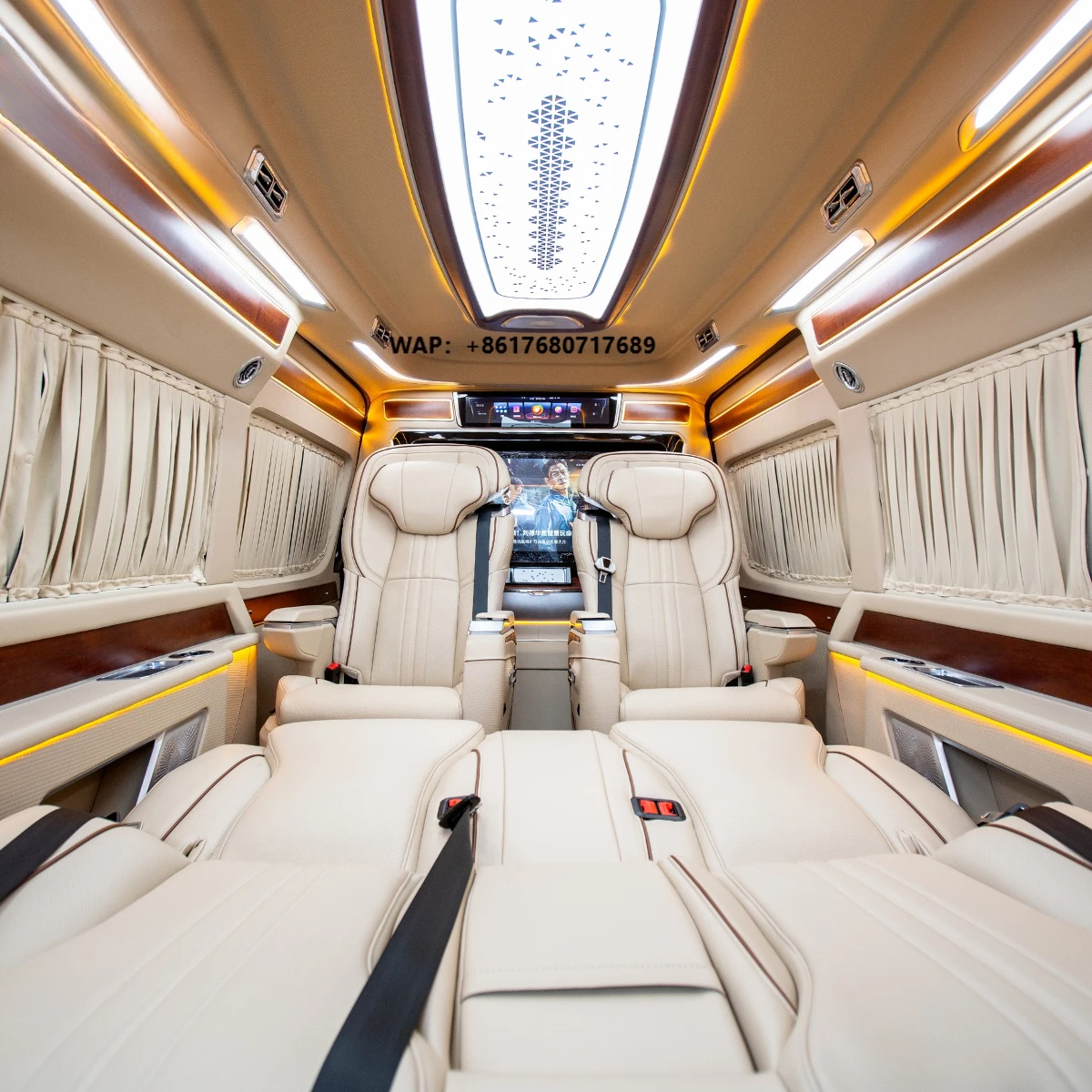 HiAce Grand Cabin Luxury VIP Custom Interior Rear Captain Seats Starlight Ceiling Wood Trim LED Ambient Lighting Premium