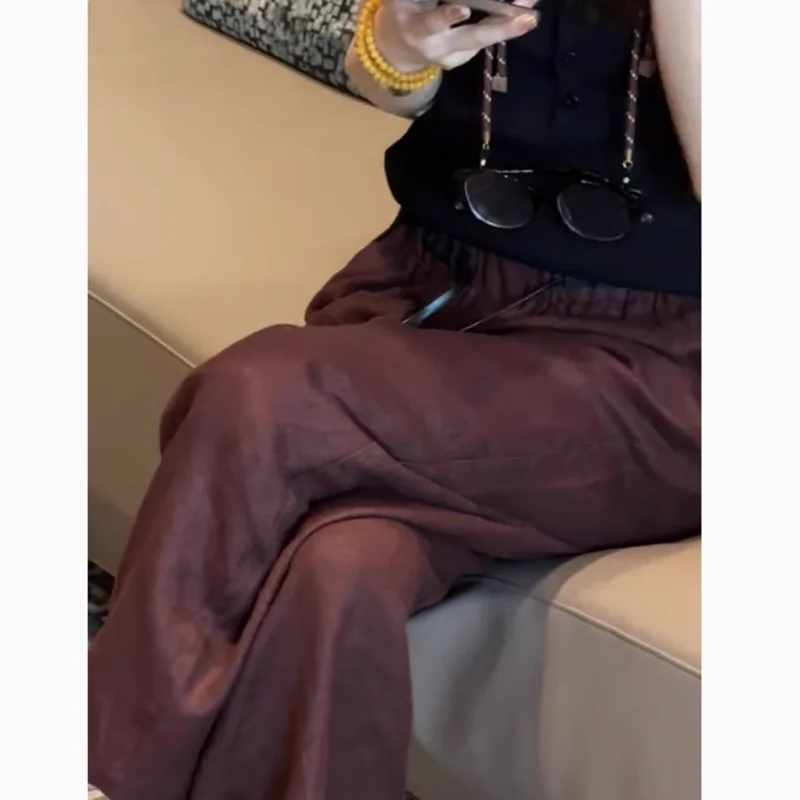 Pantalones de pierna ancha de lino y algodón para mujer, pantalón informal, holgado, adelgazante, de nueve puntos, color rojo y marrón, a la moda