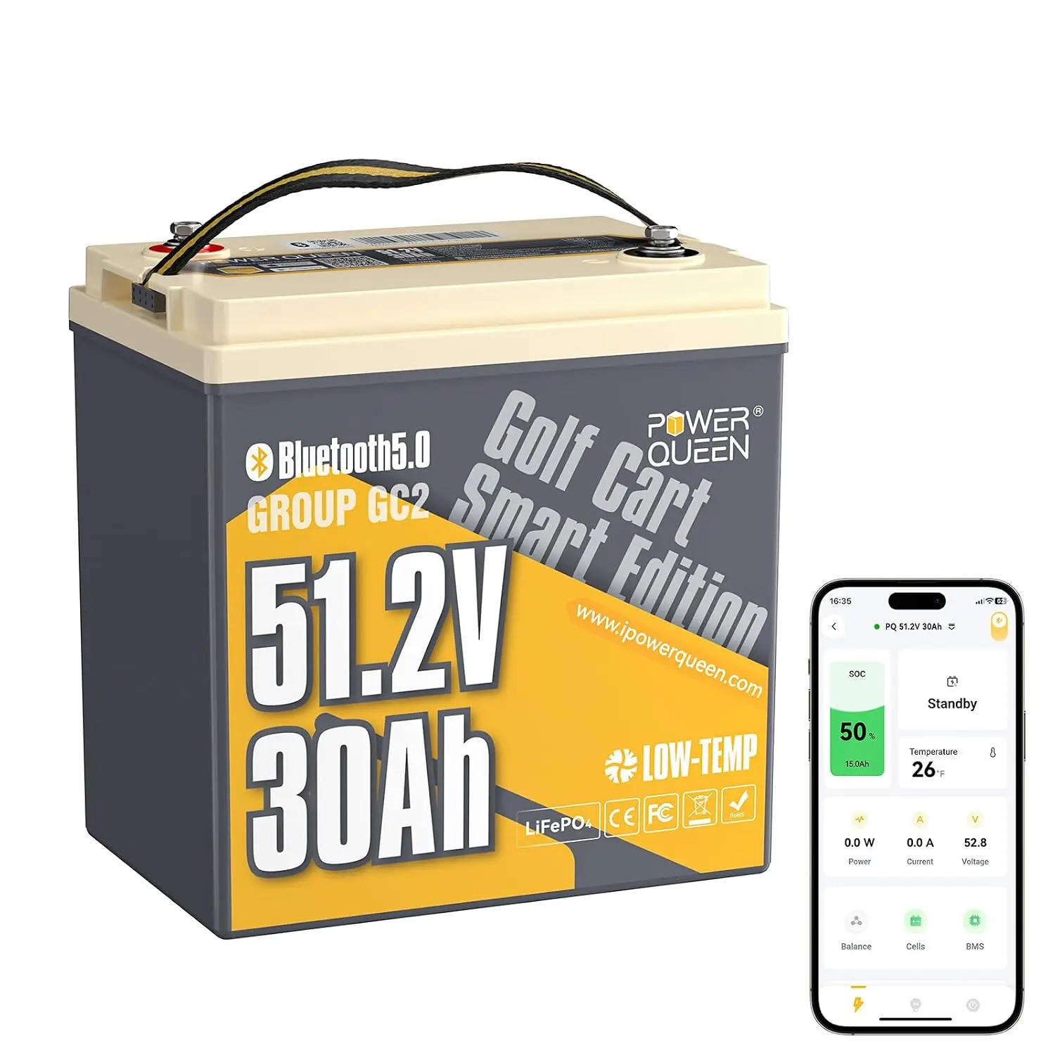 48V 30Ah Lithium Golf Cart Battery,GC2 LiFePO4 Battery Bluetooth,100A Smart BMS,Low-Temp Protection, Support up to 3kW, Custom