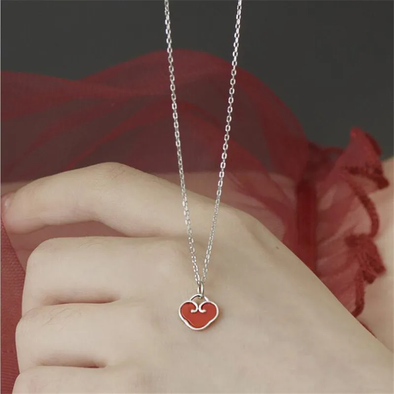 New Fashion Creative Mascot Red Long Life Lock Cute Little Lucky Heart 925 Sterling Silver Chinese Style Necklaces HZX019