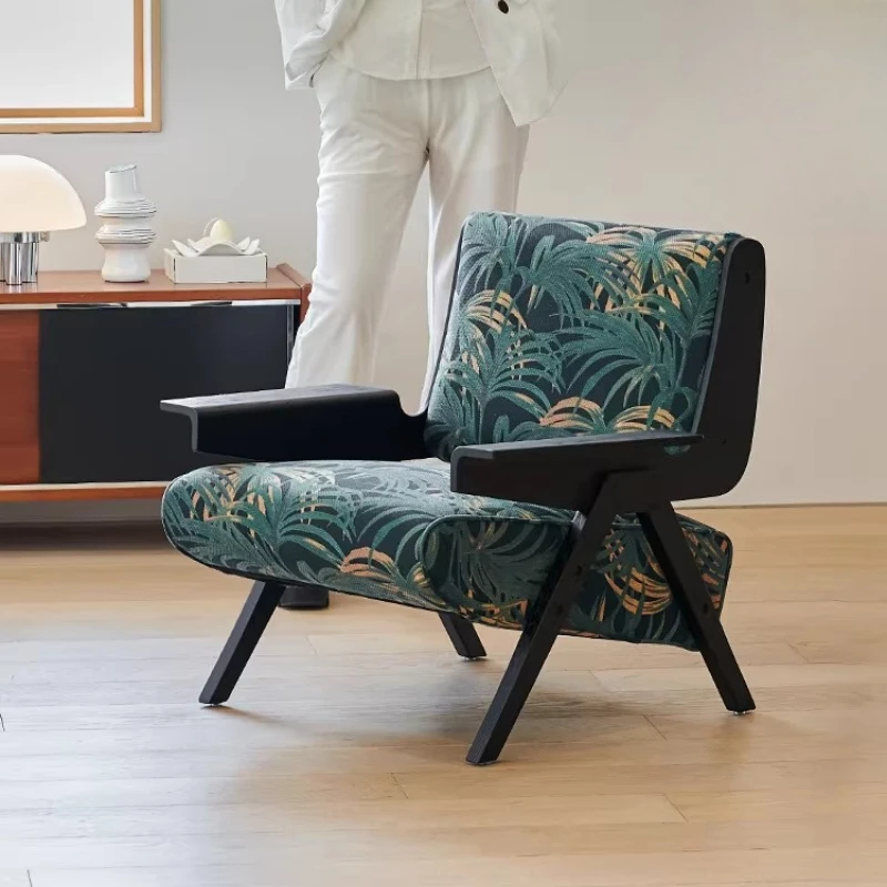 

Retro ash wood back chair living room balcony antique designer fabric single leisure chair negotiation armchair