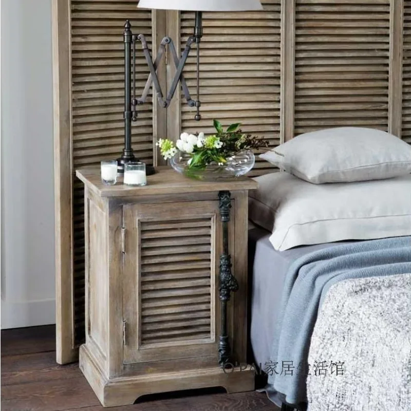 American country style solid wood shutter door bedside table French retro old world lock single door bedside table corner cabine