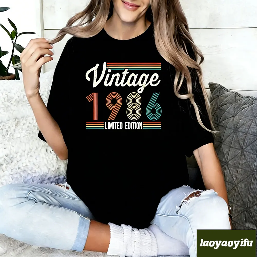 

Vintage 1986 Limited Edition Unisex T-Shirt 40 Years Old Retro Birthday Gift Cotton Printed T-shirt Tops Regular Short Sleeve