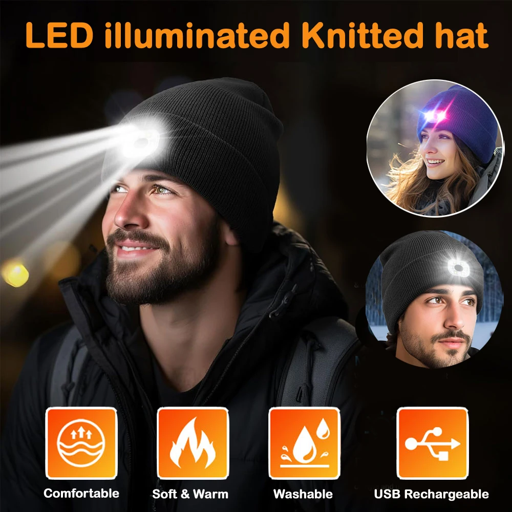 Unisex LED Beanie Hat with Light Gift for Men Women Winter Knit Lighted Headlight Hats Portable Headlamp Torch Built-in Battery