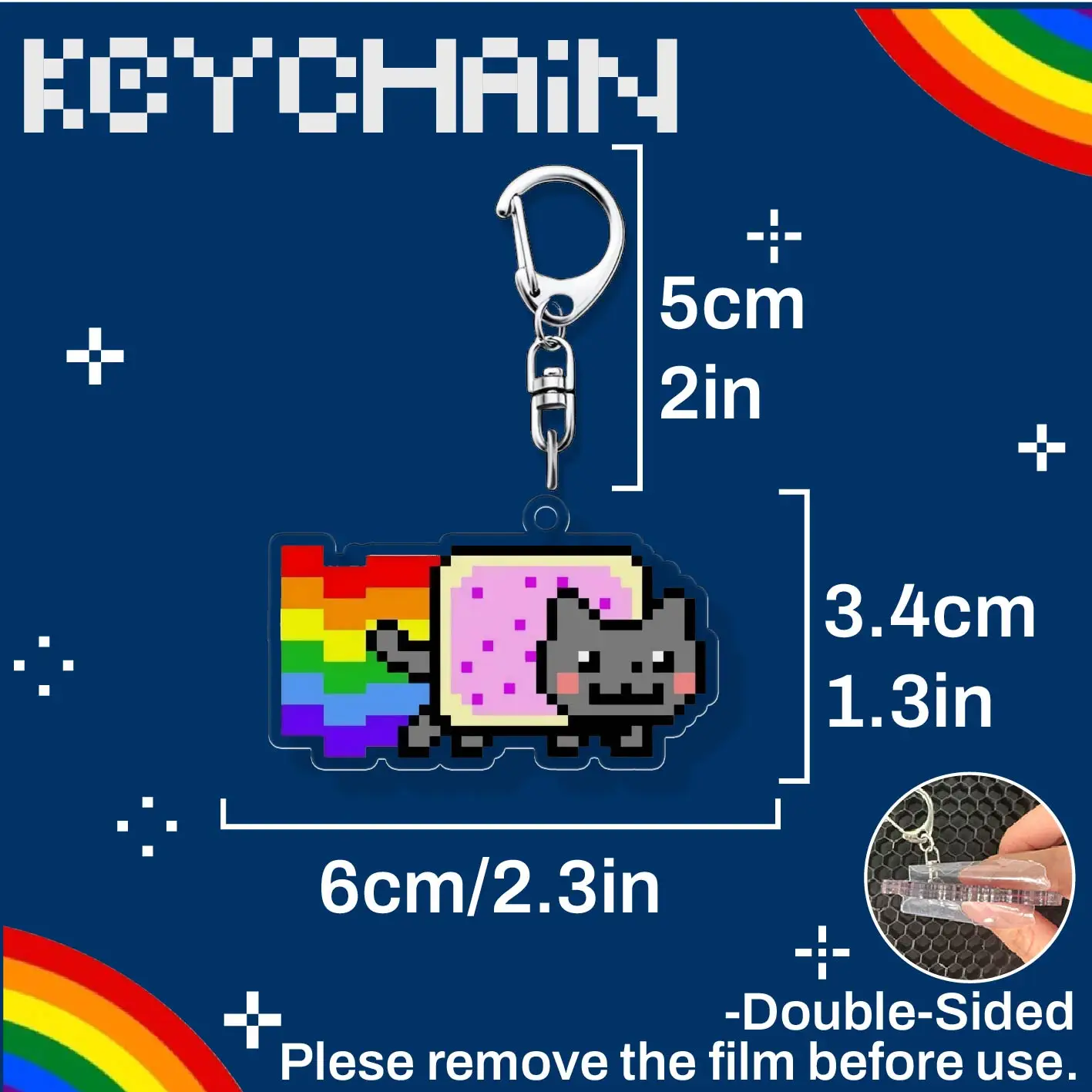 Nyan Cat Keychain，Double-Sided Acrylic Keychain, Retro Pixel Art Rainbow Cat Key Ring, Meme Character Bag Accessory Gift