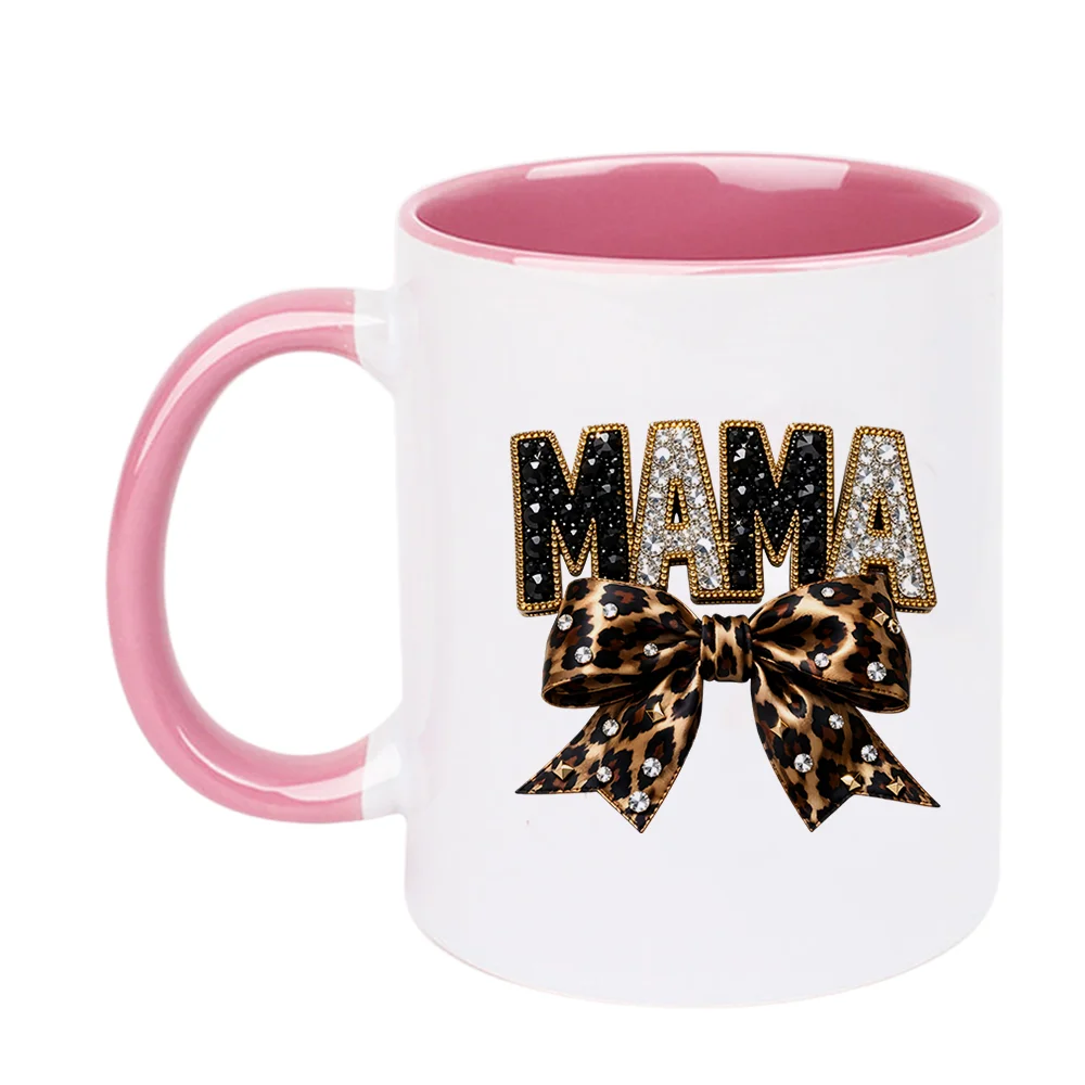 11oz Leopard Bow Mama Letter Print Ceramic Coffee Mug with Rhinestone Design for Mother’s Day Birthday Holiday Present Home Use