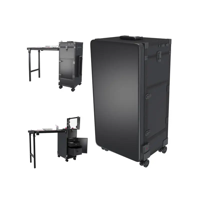 Portable Nail Art Table with LED Mirror, Bluetooth Function, Lockable Drawers, and Telescopic Pole - Folding Manicure Station